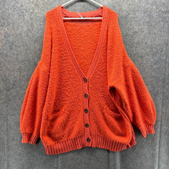 Free People Cardigan Women Medium Orange Textured Knit Balloon Sleeve - Picture 1 of 11